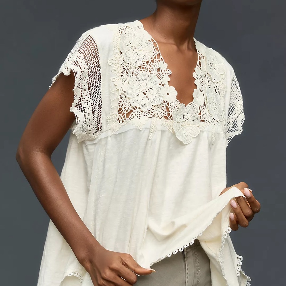 Anthropologie Cream Lace Crochet Tunic Top